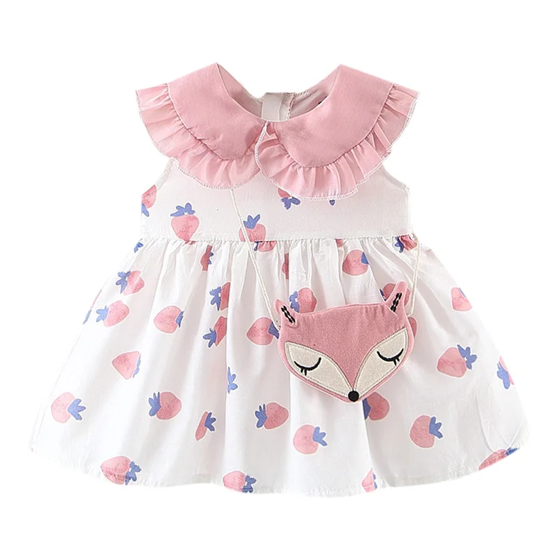 

NewSweet style with small strawberries Baby Girl Cotton Cute Sweet Concise Cartoon Pattern Sleeveless All-match Lapel Dresses