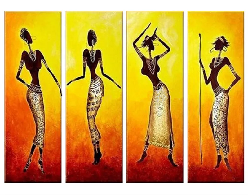

Handpainted Abstract Figure Oil Paintings on Canvas Large 4 Panel Wall Painting Modern Africa Women Pictures Home Decor Wall Art