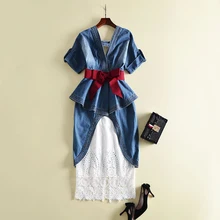 HIGH QUALITY Newest 2018 Designer Runway Suit Set Women’s Ruffle Denim Tops Lace Skirt Set