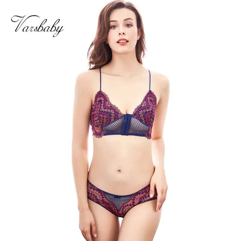 

Varsbaby ultra-thin cup six-row front buckle bra set sexy lace four-color lace wire free underwear for women