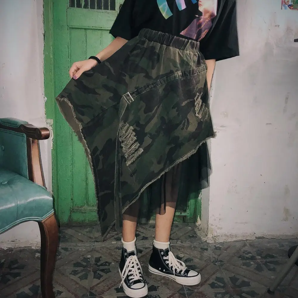 

Workpiece Wind Camouflage Half-length Skirt Female Design High-waist Asymmetrical Spliced Screen Leopard Skirts Summer 2019