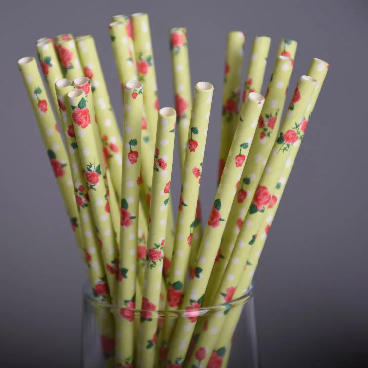 25pcs/lot Vintage Retro Floral Green Paper Straws Biodegradable