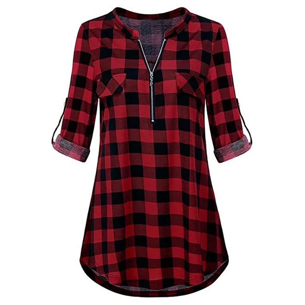 

Womail Casual Plaid Printed T Shirt For Women With Zipper Design Fashion Polyester Material V-Neck Tops Tee Long Sleeve 19JAN21