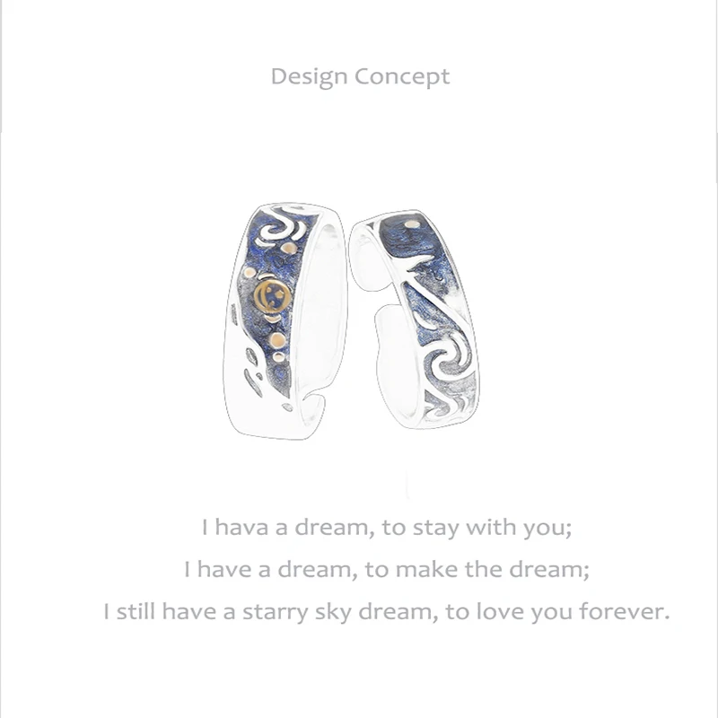 Qevila 2019 Fashion Personalized Rings Customized Van Gogh Enamel Ring 925 Sterling Silver Gold Moon Star Canvas Rings for women (14)