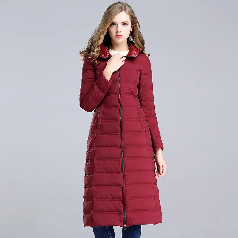 Wine red AYUNSUE зимний пуховик женский 90% белый пуховик с капюшоном тонкая верхняя одежда Длинные пуховики теплые пальто DMZ1703 - Цвет: Wine red