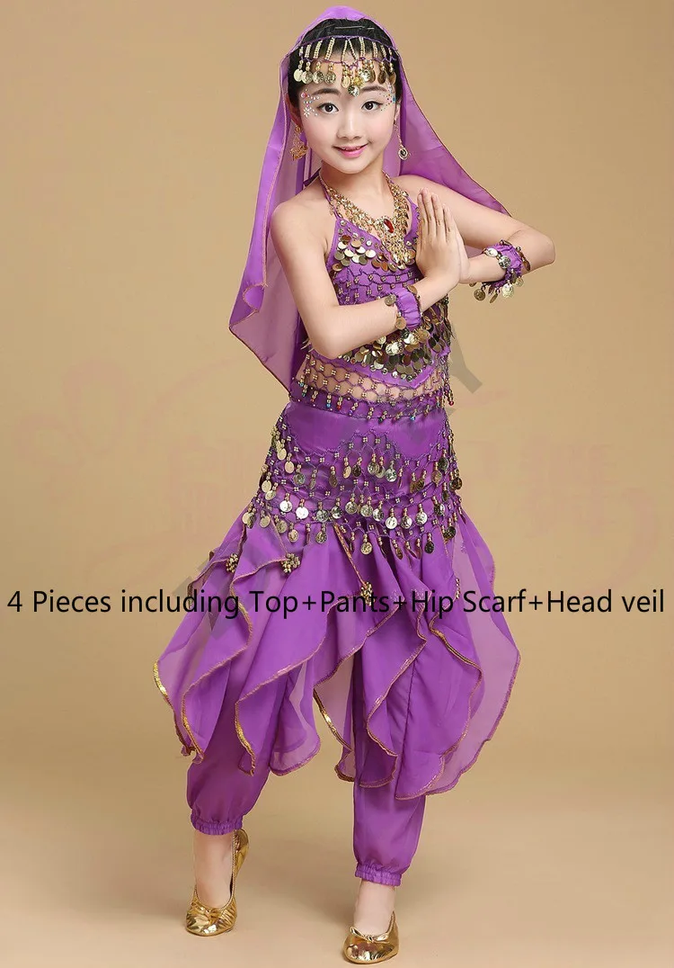 Детский набор костюма для танца живота Восточный танец Детские платья Индийский танец живота одежда танец живота дети индийские Взрослые женщины - Цвет: Purple 4pcs
