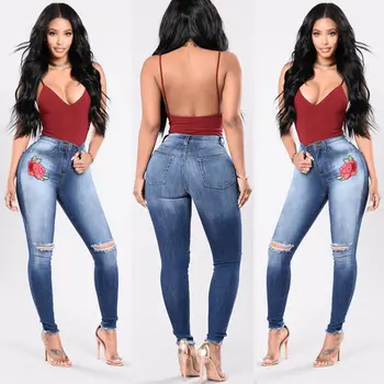 

NEW Women Fashion Skinny Ripped Denim Pants Embroidered Jeans High Waist Stretch Lady Sexy Pencil Jeans