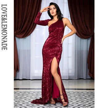 

LOVE&LEMONADE Sexy Open Back Single Sleeve Slim Fit Elastic Sequined Fabric Bodycon Going Out Long Dress LM81333-2 WINERED