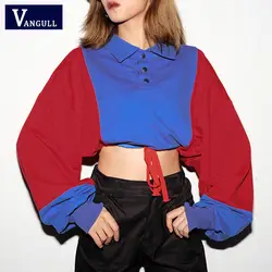 Vangull 2019 красные, синие лоскутное Обрезанные толстовка с капюшоном для женщин свободные пуловеры балахон уличной моды пот женские толстовки
