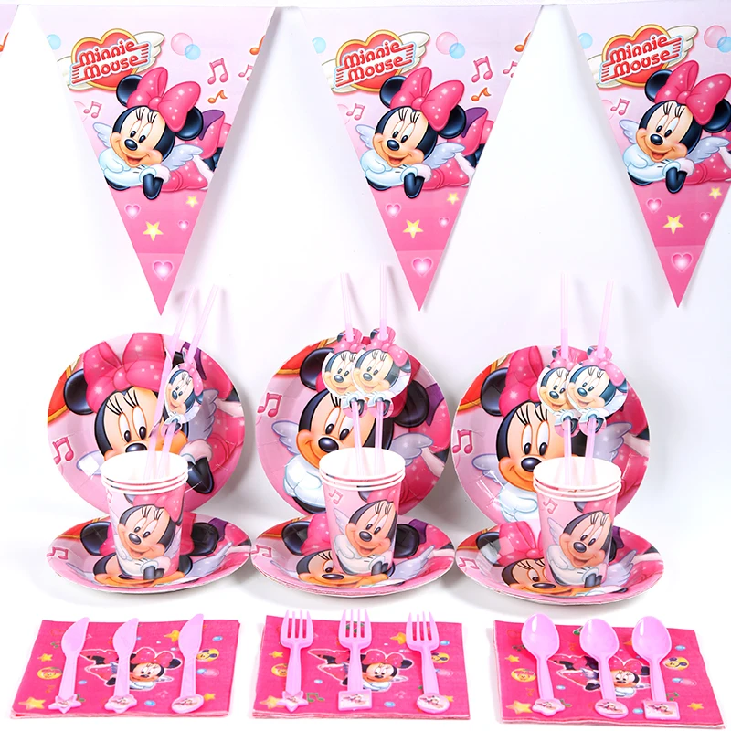 68Pcs\Lot Disney Minnie Mouse Disposable tableware birthday party decorations kids Cartoon theme party supplies