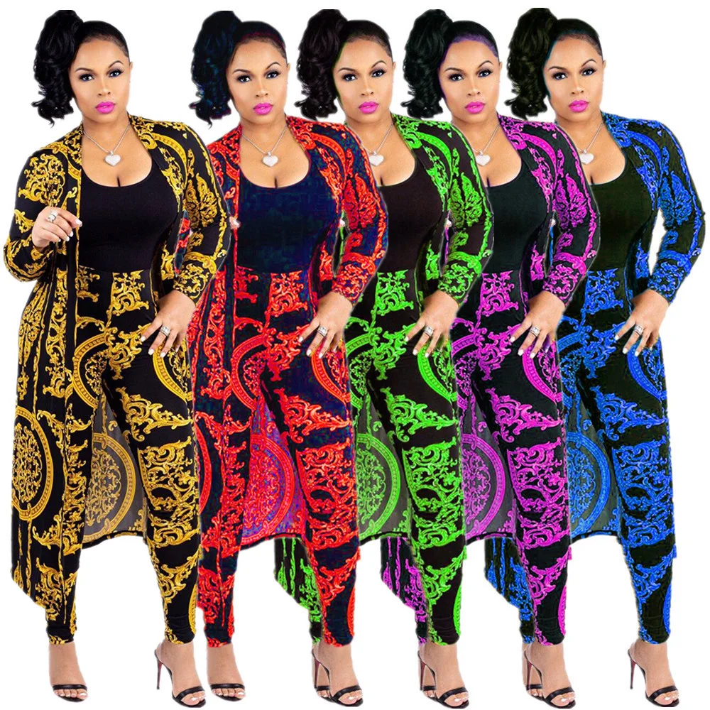 

Women's 2PCS Set Fashion Print Long Coat Jacket Casual Suit Pants Europe and America Two Piece Suit