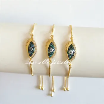 

Starella 10pcs/lot Micro Pave Cubic Zirconia Natural Abalone Shell Evil Eye Link Chain Adjustable Bracelet Pulseras Joyeria Gift