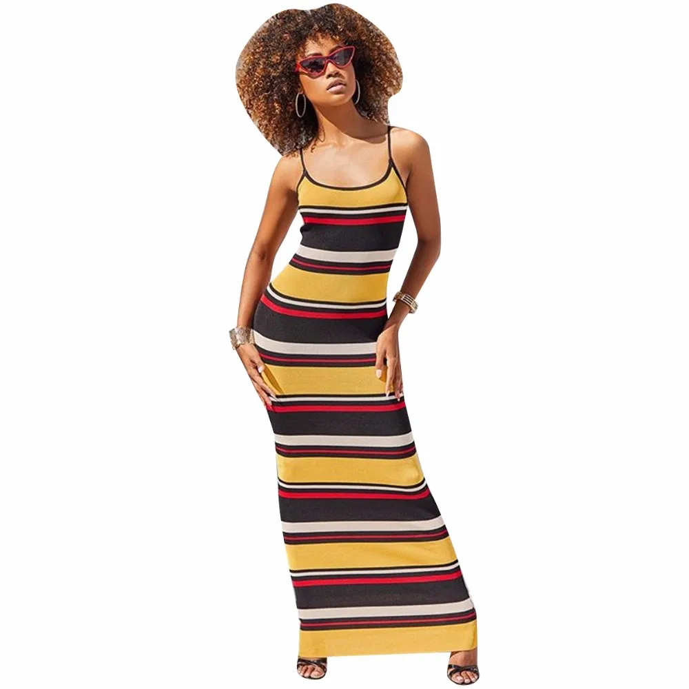 Women Striped Ankle Length Dresses Sleeveless Strap Slim Bodycon Dress Casual Vestidos Longo