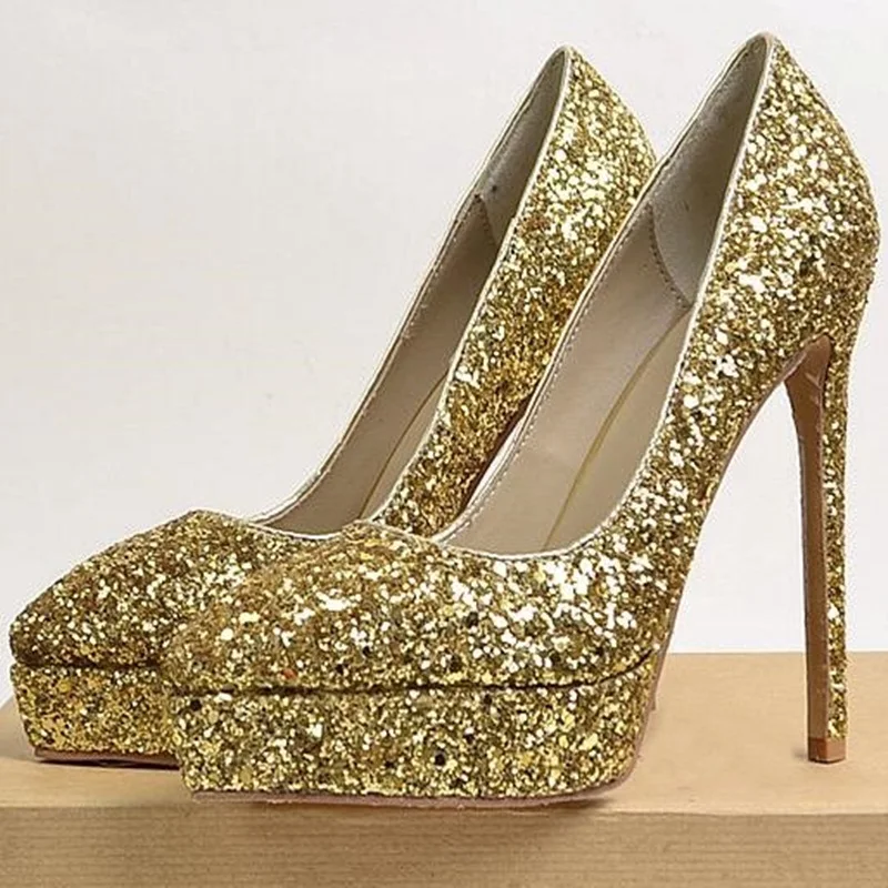 

13CM Heel Gold Wedding Shoes For Woman 2018 Sexy Pointed Toe Platform Pumps Glitter Embellished High Heel Shoes Party Shoes