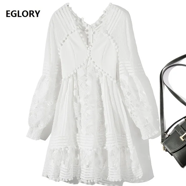 

Top Grade Designer Dress 2019 Spring Summer Party Evening Vestido Ladies V-Neck Hollow Out Embroidery Ball Deco White Gown Dress