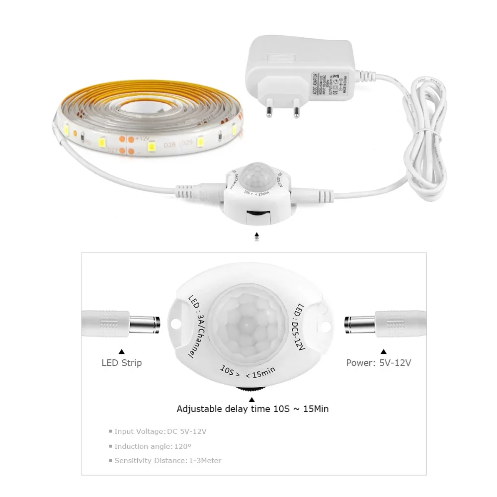 Wireless PIR Motion Sensor LED Strip light 12V Auto on/off Stair Wardrobe Closet kitchen LED Light lamp 110V 220V 1M 2M 3M 4M 5M