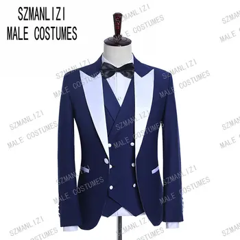 

Fashion Blue Men Suits 2019 Slim Fit Wedding Suits For Men White Peaked Lapel Formal Groom Tuxedos Party Prom Blazer 3 Piece