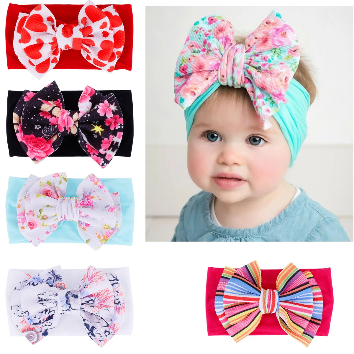 3x Newborn Headband Cotton Elastic  Print Floral Hair Band Girls Bow-knot WR 