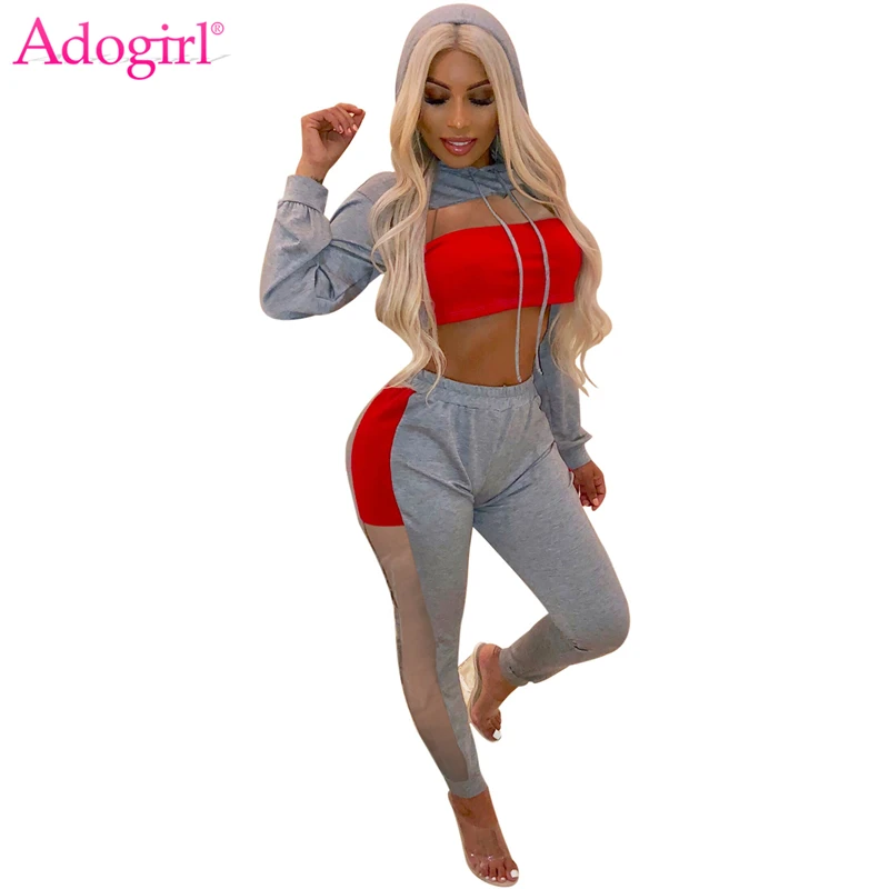 

Adogirl Sexy Sheer Mesh Patchwork Women Tracksuit Contrast Color Two Piece Set Long Sleeve Crop Hoodies Top Pencil Pants Outfits