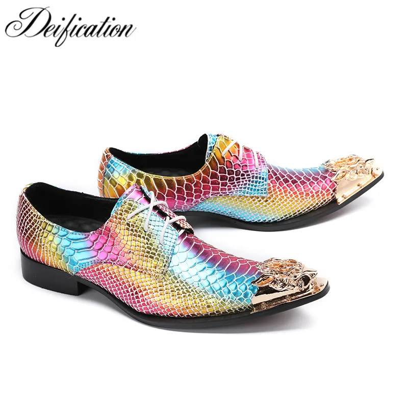 Deification Snake Python Flats Mixed Colors Print Mens Lace Up Formal Dress Shoes Metal Toe Man Office Party Dress Wedding Shoes Deification Snake Python Flats Mixed Colors Print Mens Lace Up Formal Dress Shoes Metal Toe Man Office Party Dress Wedding Shoes