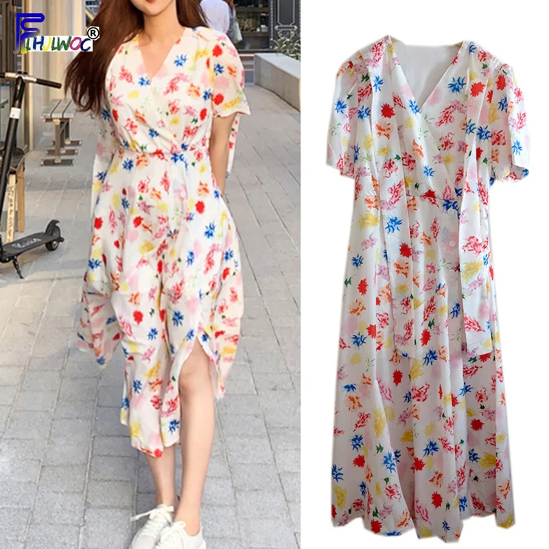 

Woman Vintage Dresses Short Sleeve Cute A Line Korean Japan Preppy Style Holiday Date Wear V Neck Floral Print Dress Long 5124