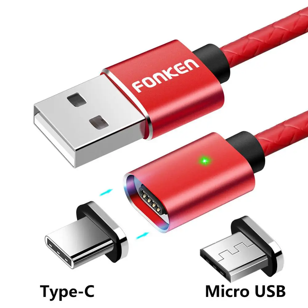 FONKEN 2 в 1 usb type C Магнитный кабель Micro USB Магнитный кабель для телефона 1 м светодиодный шнур для зарядки мобильного телефона Кабели из искусственной кожи type-C - Цвет: 2 plug 1 Red Cord