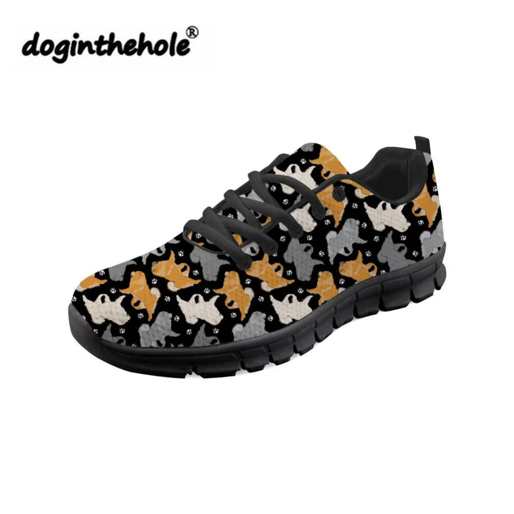 

doginthehole Women Chow Dog Printing Flat Shoes Ladies Lace-up Fashion Design Sneakers for Teenagers Girls Breathable Mesh Shoes