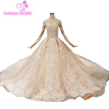 

2019 Champagne Lace Scoop Cathedral Train Long Sleeves Bridal Gowns Lace Up Ball Gown Vintage Wedding Dresses Vestido De Noiva