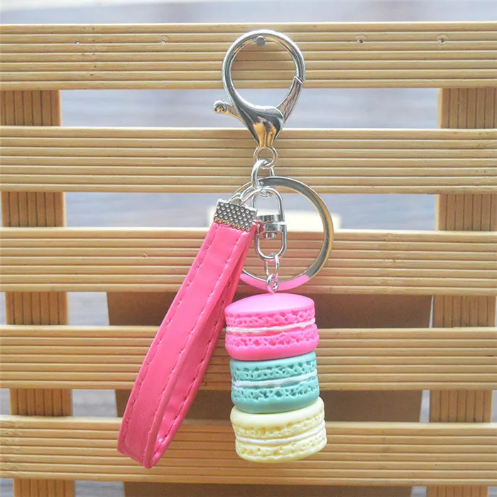 

2017 Macarons Cake Keychains Key Chain Bijoux Macaron Keychain Keyring Silver Metal Leather Keyrings For Xmas Couple Key Chains