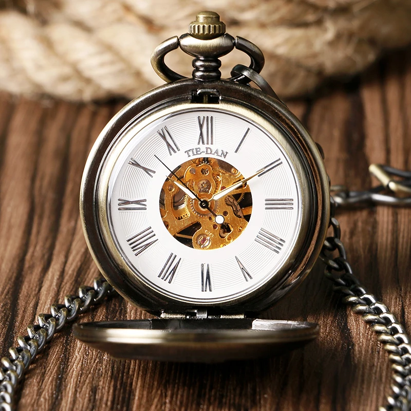 

Vintage Bronze Train Design Pocket Watch Mechanical Hand Wind Men Women Watches Double Hunter Pendant Clock Gift P1034C
