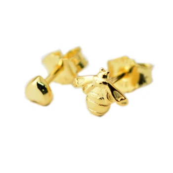 

CKK 925 Sterling Silver Gold-Plated Heart & Bee Stud Earrings Original European Style DIY Jewelry Making