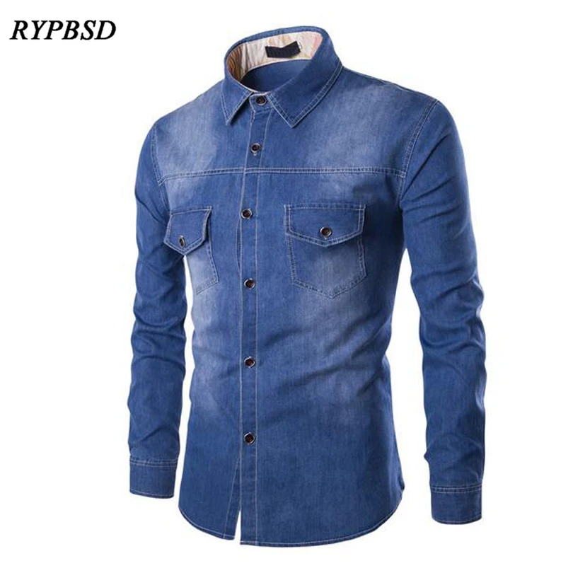 6XL font b Men b font Denim Shirts Long Sleeve Casual Vintage Classic font b Jean