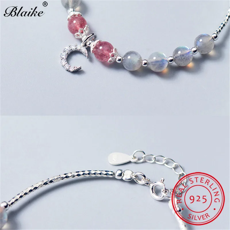 S925 Серебряный с лунным камнем браслеты для женщин круглый розовый кристалл луна Шарм браслет прядь браслет свадебные ювелирные изделия