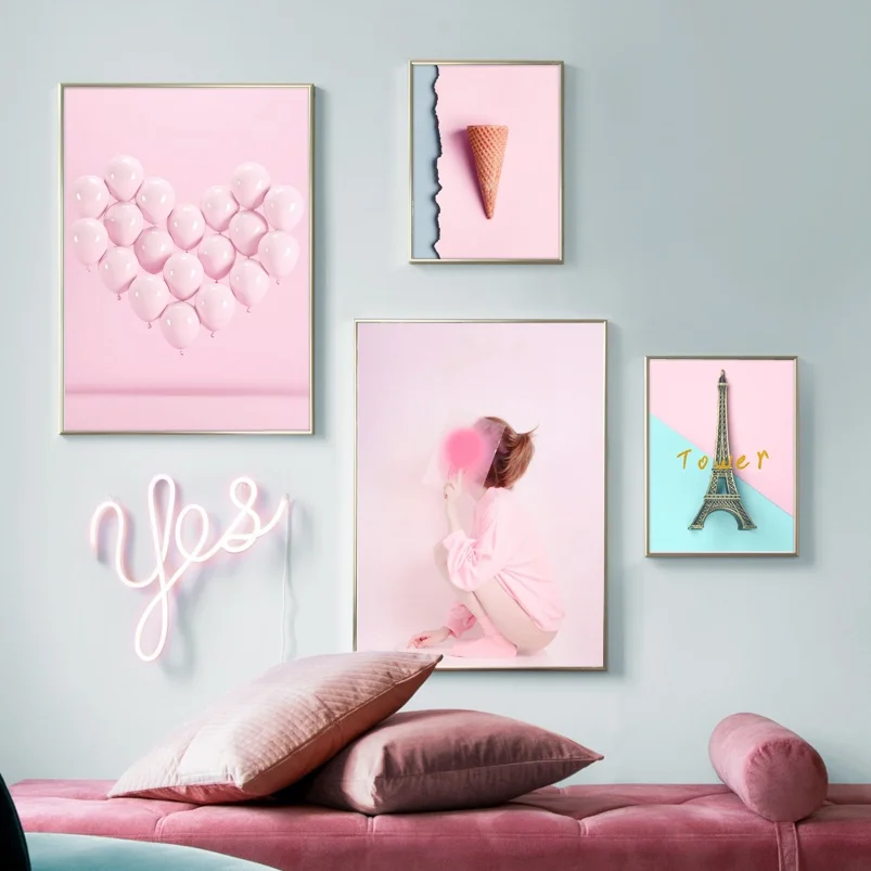 Розовый шар девушка мороженое Париж башня Wall Art Холст Картина Nordic Плакаты и
