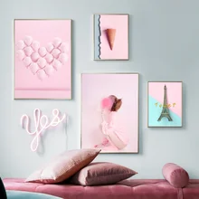 Розовый шар девушка мороженое Париж башня Wall Art Холст Картина Nordic