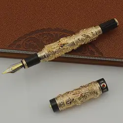 Jinhao винтажная Роскошная авторучка двойной играющий Дракон жемчуг, Металлическая резьба тиснение тяжелая ручка золото и черный для