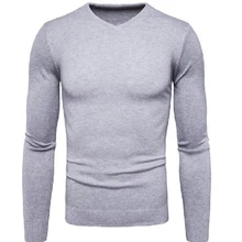 Осенний мужской свитер с v-образным вырезом, чистый цвет, длинный рукав, мужской вязаный свитер