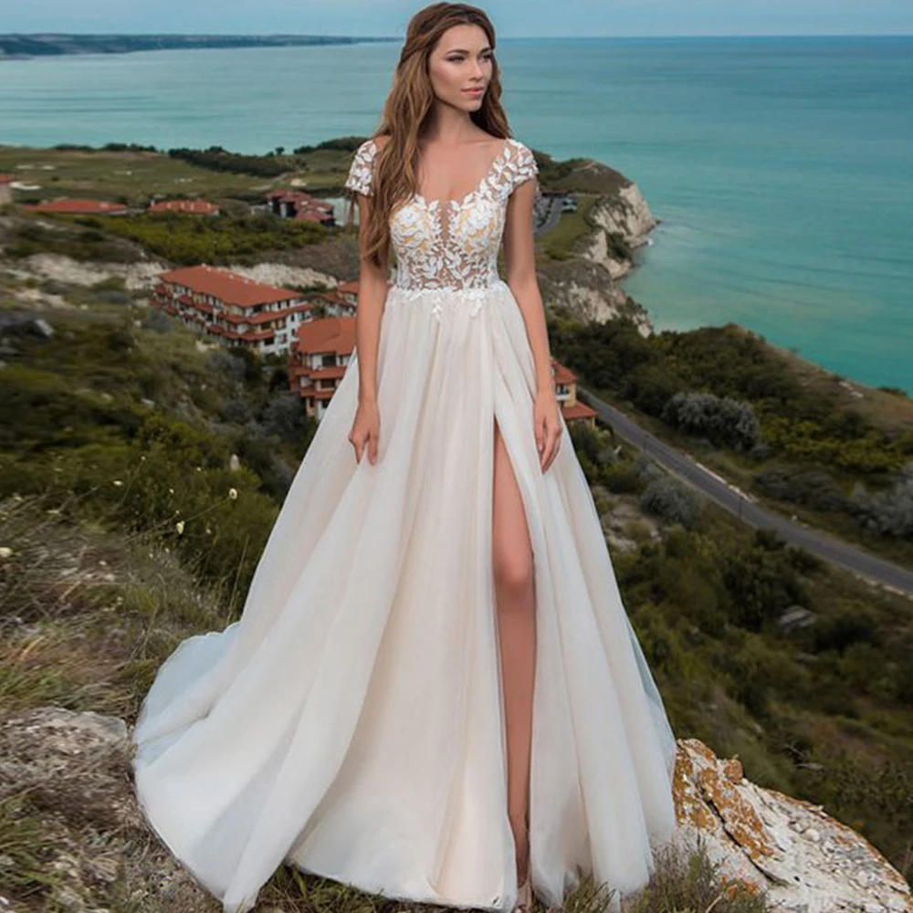 

Beach Wedding Dresses 2019 Cap Sleeve High Split Backless Boho Bride Dress Romantic Lace Applique V Neck Wedding Gown F97