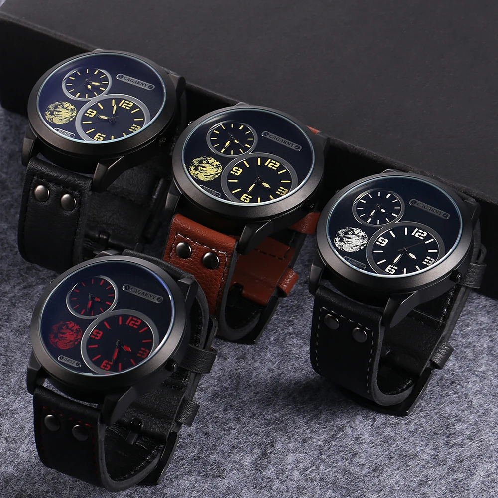 drop shipping cool big case men watches leather strap dual time zones sport mens quartz watch male clock dz style brave for men high quality (1)