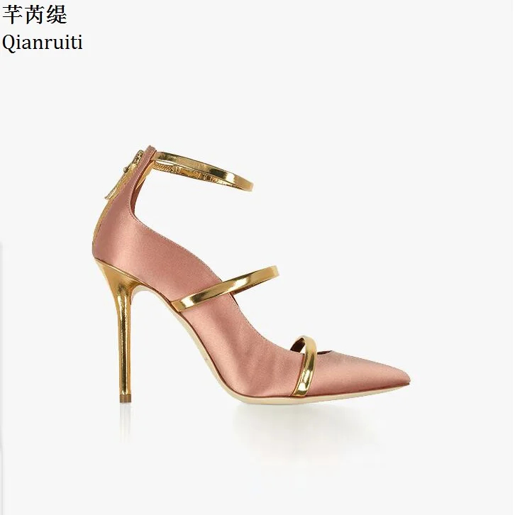 

Qianruiti Pink Silver Silk Stiletto Heels Women Wedding Shoes Sexy Pointed Toe Women Pumps Metal Strap High Heels Women Sandals