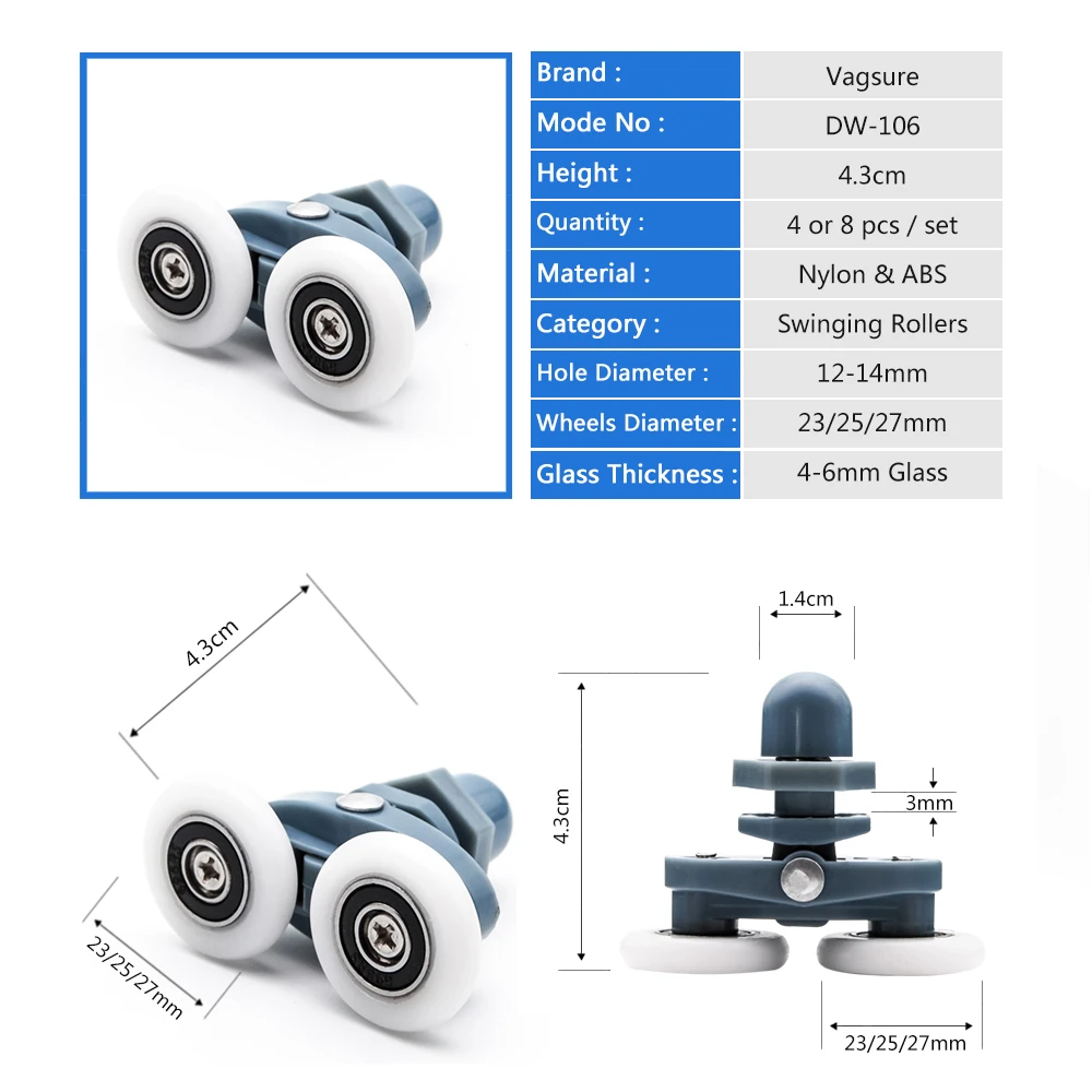 Günstige 4 stücke 8 stücke set 23mm 25mm ABS Schiebe Duschkabine Zubehör Glas Tür Lager Roller pulley Runner Doppel Wiegenden Hardware