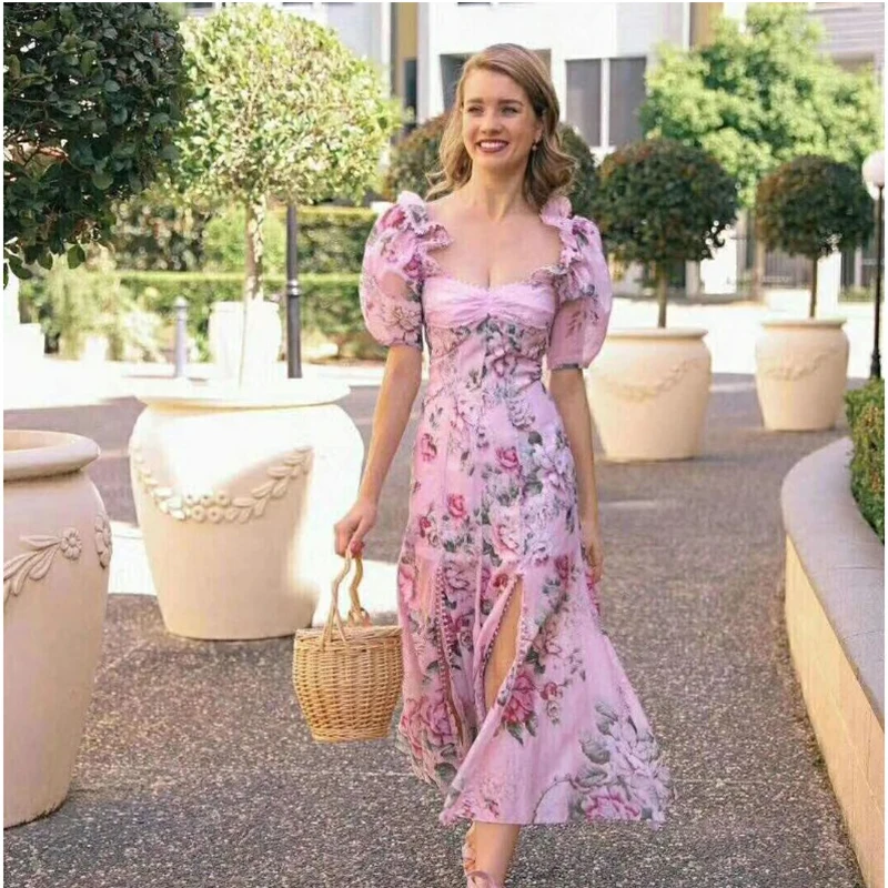 

Summer Elegant Puff Sleeve Pink Floral Printed Long Dress 2019 Women Vacation Bohemian Beach Dress Pleated Chiffon Dress