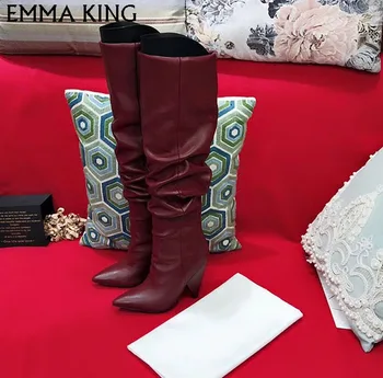 

Autumn Winter Shoes Women Spike Heels Over The Knee Boots Fashion Pleated Leather High Heels Shoes Bottes Femme for Party Dress