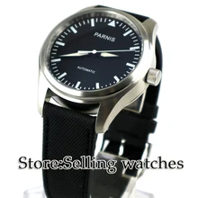 Parnis New 42mm Black Dial Luminous watch hands Stainless Steel Case black Fabric/Canvas leather strap Automatic Men's Watch
