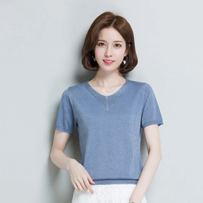 

gkfnmt 2019 Shiny Lurex Summer knitted Pullover Women Sweater Shirt Female Basic Short Sleeve Thin Tops Plus Size Loose Clothes