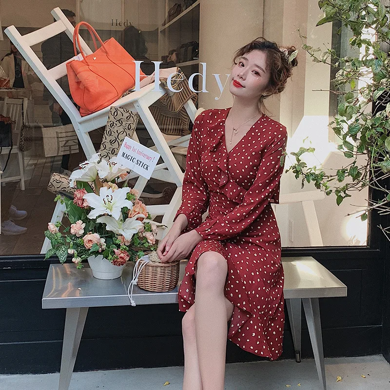 

2019 Boho Ruffles Dot Women Dress Sexy Deep V-Neck Mini Dress vintage A-Line Long Sleeves Spring Summer Dress x886