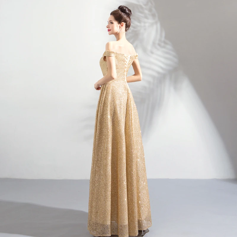 Walk Beside You Gold Evening Dresses Long Off Shoulder Bling Sequined Prom Gown for Women Abito Cerimonia Donna Sera Engagement