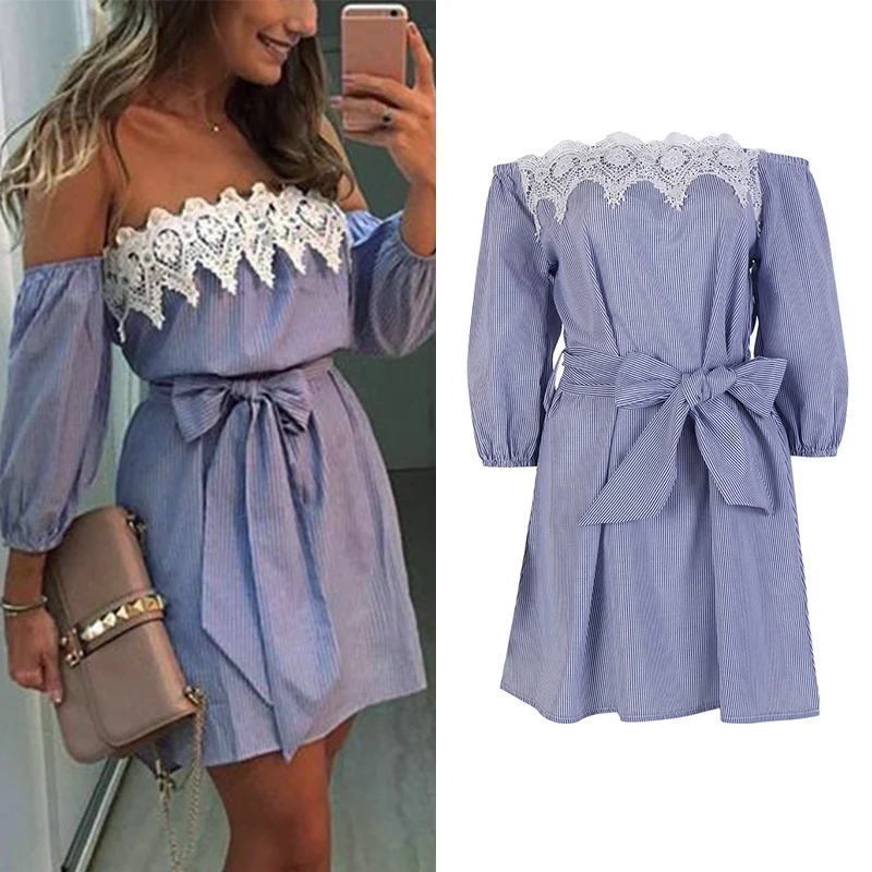 

Sexy Elastic Off Shoulder Blue Striped Mini Dress Women Girl Casual Party Dress With Belt S-XXL