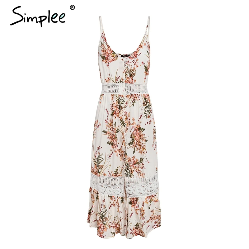 Simplee Strap floral print boho dress women Hollow out lace summer dress female V neck streetwear midi casual dress vestidos