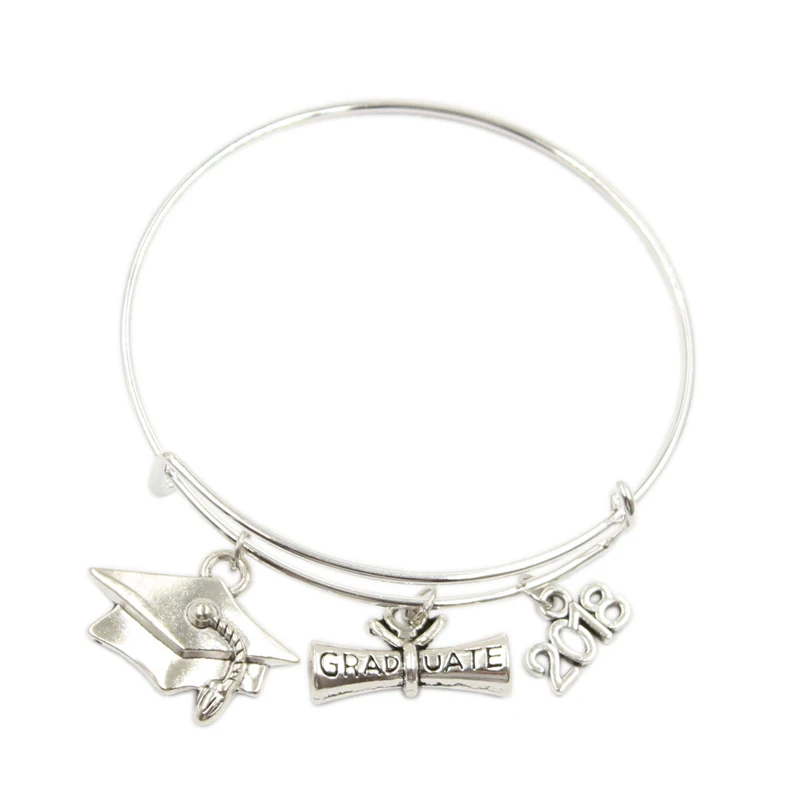 

Graduation diploma bachelor cap 2018 2019 Bangle silver Bracelets Stainless Steel Expandable wire Bangle Charm DIY Gift Jewelry